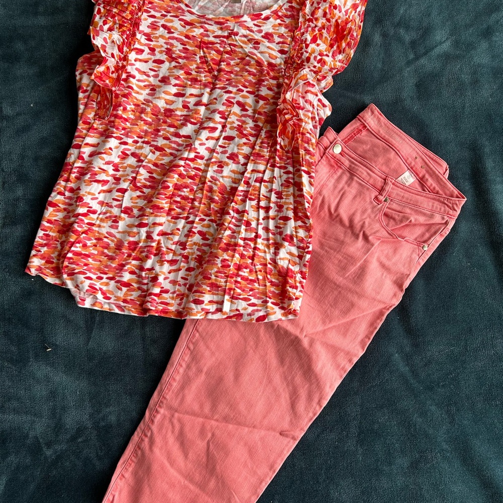 Chico's Red and Orange Patterned Top and pants set